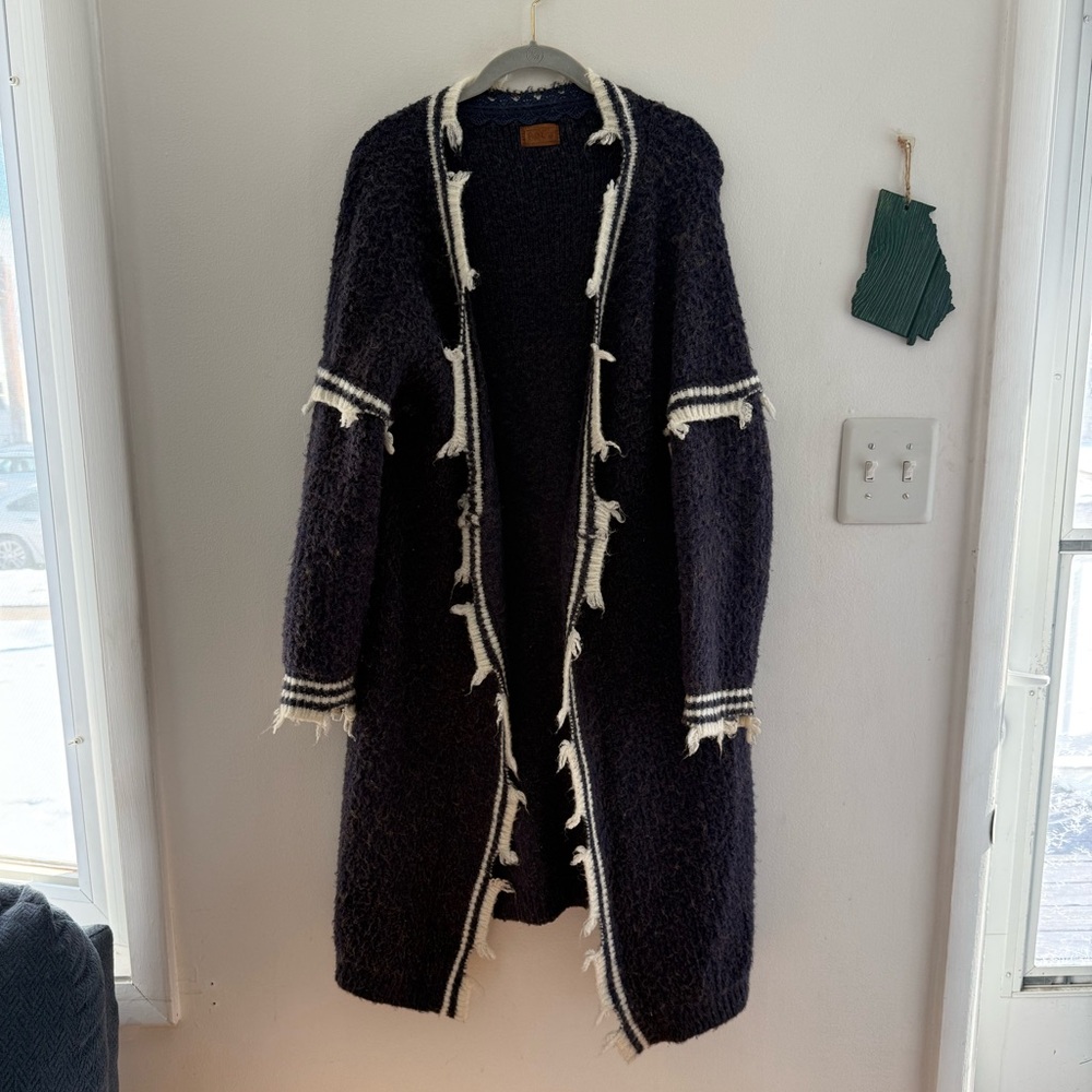 POL Navy and Cream Distressed Varsity Cardigan